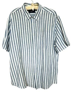 M&S Shirt Button Down Flax Linen Size XX Large Blue White Striped Short Sleeve